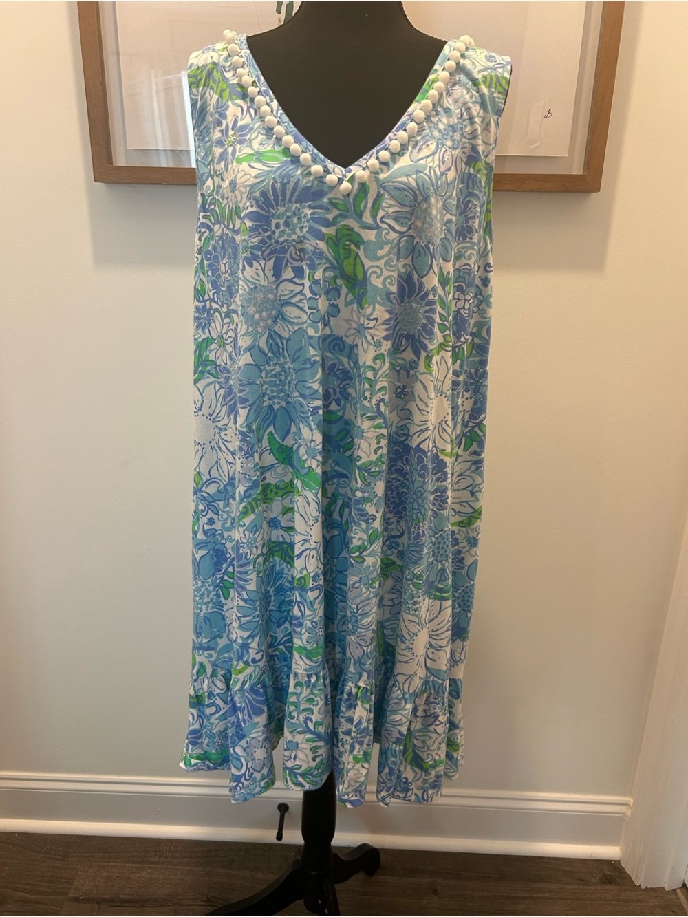 Lilly Pulitzer Blue, Green & White Floral Pom-Trim Short Dress XXL